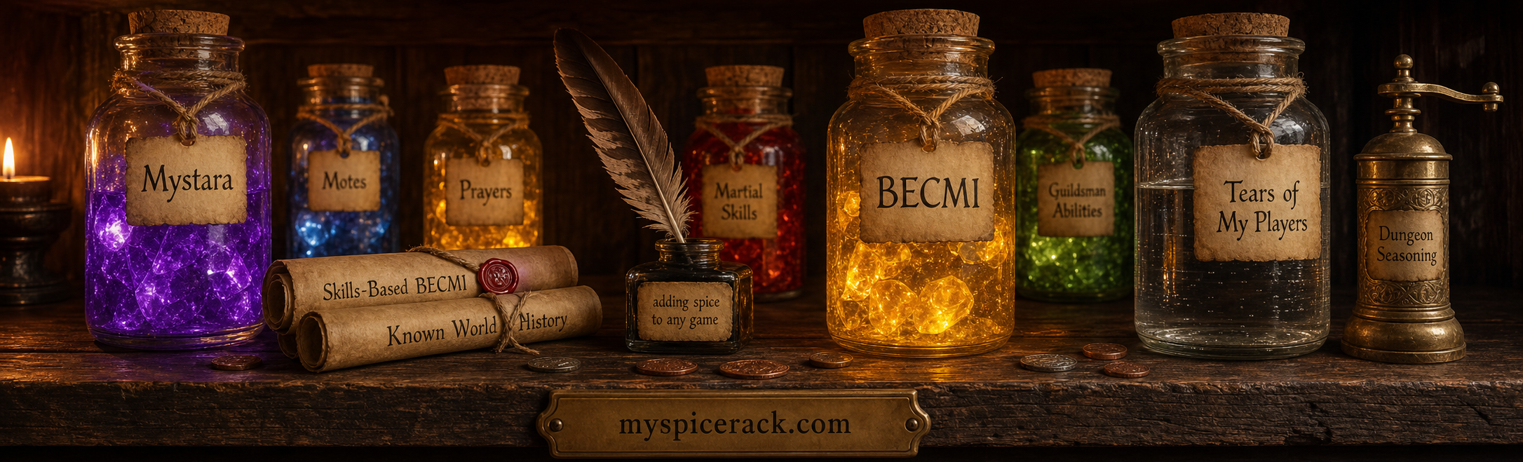 Rows of labeled potion bottles and scrolls on wooden shelves with glowing magical ambiance.